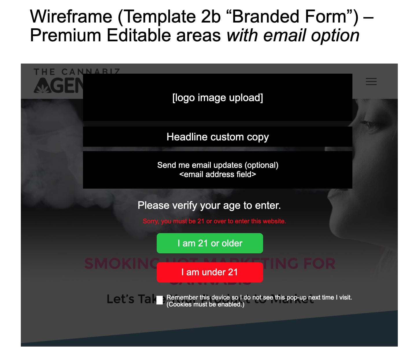Front end wireframe for Age Verify WordPress plugin